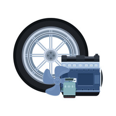 Sticker - car tire with engine parts icon, colorful design