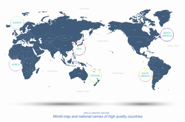 Wall Mural - world map named vector. detailed continents world map