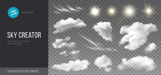 Sky creator. Realistic set of clouds and sun on transparent background. Vector design elements for creating sky cards, poster or banners.