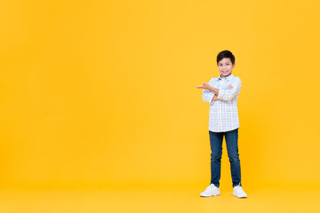 Smiling Asian boy doing arms crossed gesture with open palm