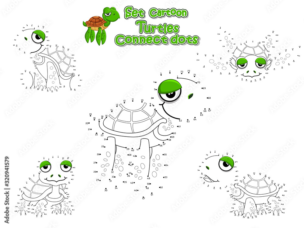 Connect The Dots and Draw Cute Turtles Cartoon Set. Educational Game ...