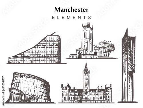 Cuadros en Lienzo Set of hand-drawn Manchester buildings elements sketch vector illustration