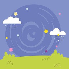 Poster - landscape clouds rain stars grass cartoon background