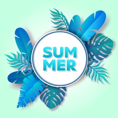 Summer tropical greenery round frame, vector paper cut illustration