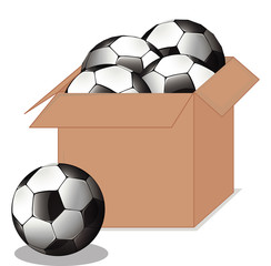 Poster - Cardboard box full of sport equipments on white background