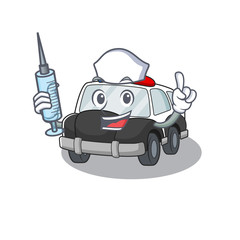 Wall Mural - A police car hospitable Nurse character with a syringe