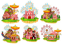 Different Circus Rides With Fireworks In Background