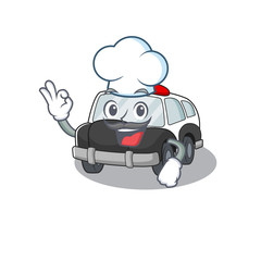 Wall Mural - Police Car cartoon character working as a chef and wearing white hat