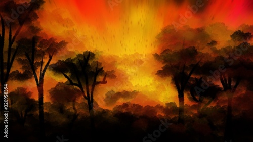 Cuadros en Lienzo Landscape painting: Forest fire with smoke