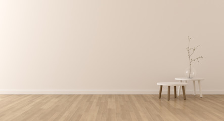 Poster - Mock-up of living room in minimal style with small round table and plant in glass vase on laminate floor.Perspective of interior design. 3d rendering.	