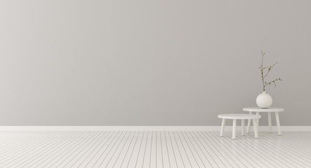 Poster - Mock-up of living room in minimal style with small round table and plant in glass vase on laminate floor.Perspective of interior design. 3d rendering.	