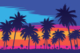 Fototapeta Zachód słońca - Evening on the beach with palm trees. An evening on the beach with palm trees. Colorful picture for rest. Blue palm trees at sunset. Orange sunset in the blue sky. Palmeny island. Summer sunset agains