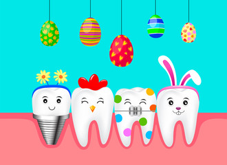 Set of Easter tooth character design with Easter eggs. Funny dental cartoon. Happy Easter holiday concept. Illustration.