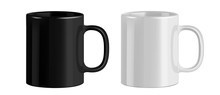 Black And White Ceramic Mug. Cup On Transparent Background. Vector Illustration. Realistic Style. 3D Style.