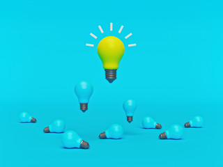 Fototapete - Set of blue light bulbs with one yellow bulb. creative unique concept of idea on blue background. 3d rendering