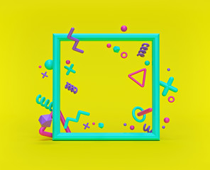 Poster - Flying colorful geometric shapes in motion with a square frame. Modern background for design presentation. isolated on yellow. 3d rendering