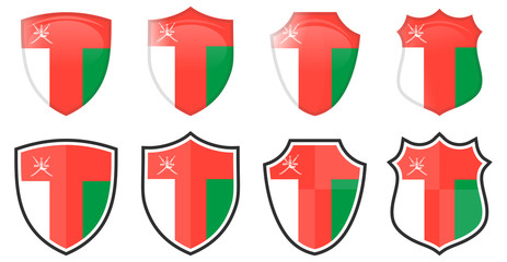 Wall Mural - Vertical Oman flag in shield shape, four 3d and simple versions. Omani icon / sign