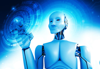 Poster - Modern robot touching virtual interface. futuristic background concept. 3d illustration.