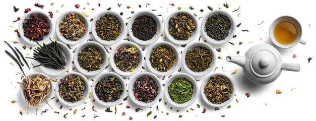 Wall Mural - Large assortment of tea on a white background. The view from the top