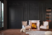 Classic Black Interior With Fireplace, Armchairs, Moldings, Wall Pannel, Carpet, Fur. 3d Render Illustration Mock Up.