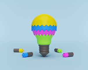 Fototapete - creative conceptual idea. colorful bulb with batteries isolated on pastel blue background. minimal style. 3d rendering