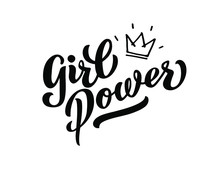 Girl Power Inscription Handwritten With Bright Pink Vivid Font. GRL POWER Hand Lettering. Feminist Slogan, Phrase Or Quote. Modern Vector Illustration For T-shirt, Sweatshirt Or Other Apparel Print.