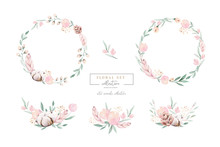 Watercolor Floral Wreath And Bouquet Frame Illustration With Cotton Balls Peach Color, White, Pink, Vivid Flowers, Green Leaves, For Wedding Stationary, Greetings, Wallpapers,  Background, 