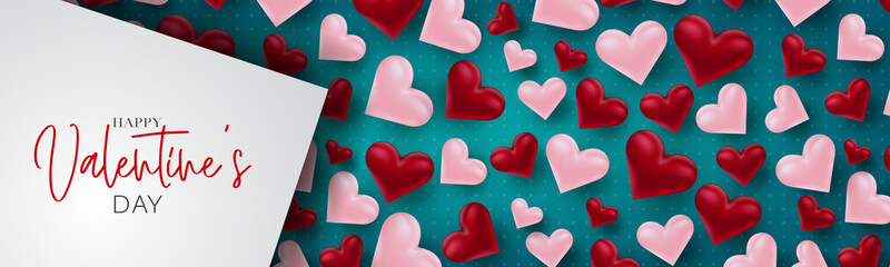 Wall Mural - Valentine's Day sale banner design. Romantic love 3d hears decoration on blue background. Design concept for website header or newsletters. Vector illustration.