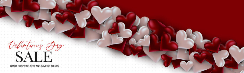Wall Mural - Valentine's Day sale banner design. Romantic love 3d hears decoration. Design concept for website header or newsletters. Vector illustration.