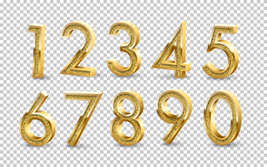 Golden numbers isolated on transparent background. Vector design elements.