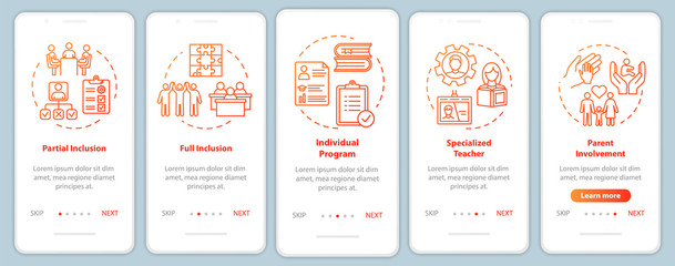 Inclusive education onboarding mobile app page screen with concepts. Educational assistance for disabled walkthrough five steps graphic instructions. UI vector template with RGB color illustrations