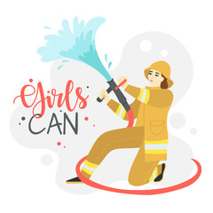 Female firefighter extinguishes the fire. girls can feminism vector banner.