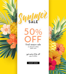 Wall Mural - Dark vector summer design with exotic palm leaves, hibiscus flowers, pineapples and space for text. Sale offer template, banner of flyer background. Tropical backdrop illustration.