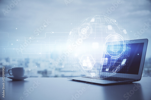 Fotomural Computer on desktop with social network hologram