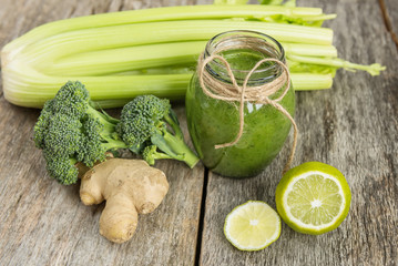 Green smoothie of vegetables and different green vegetables ginger and broccoli. proper nutrition. spring cleansing of the body.