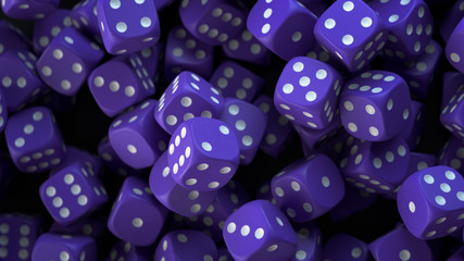 3d render many purple dice with white dots lie on a black plate with the depth of field. Close-up