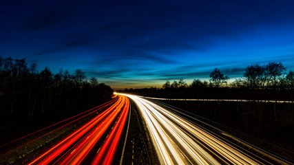 Light trails long exposure just after the sun has set