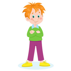 Canvas Print - Funny little red-haired boy stands with his arms crossed. In cartoon style. Isolated on white background. Vector illustration.