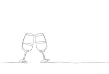 Continuous One Line Drawing Isolated On White Background. Vector Outline Contour Glasses Of Champagne Sketch..
