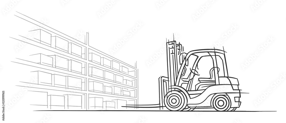 Forklift truck in warehouse sketch line illustration. Outline, isolated, vector, 2 layers.  - obrazy, fototapety, plakaty 