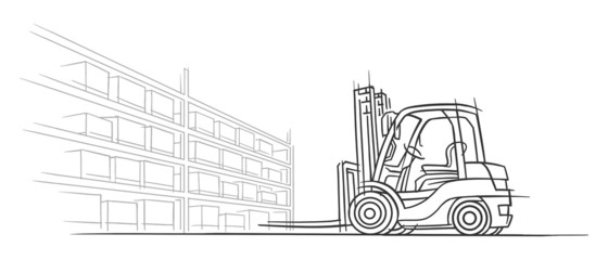 Wall Mural - Forklift truck in warehouse sketch line illustration. Outline, isolated, vector, 2 layers. 