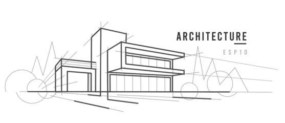 Modern architecture sketch. Line drawing.  Vector, text outlined. 