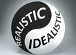 Realistic and idealistic in balance - pictured as words Realistic, idealistic and yin yang symbol, to show harmony between Realistic and idealistic, 3d illustration