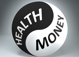 Wall Mural - Health and money in balance - pictured as words Health, money and yin yang symbol, to show harmony between Health and money, 3d illustration