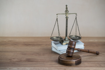 Lawyers office concept on rustic wooden table.