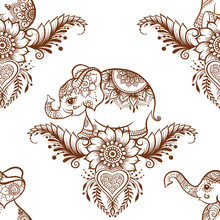 Elephant In Eastern Ethnic Style, Traditional Indian Henna Ornament. Seamless Pattern, Background. Vector Illustration..