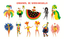 Set Of Hand Drawn Dancing People In Bright Traditional Costumes. Vector Illustration. Isolated Objects On White Background. Flat Style Design. Element For Barranquilla Carnival Poster, Flyer, Banner.