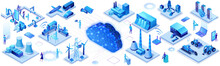 Industrial Internet Of Things Infographic Horizontal Banner, Blue Neon Concept With Factory, Electric Power Station, Cloud 3d Isometric Icon, Smart Transport System, Mining Machines, Data Protection