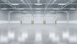 © DifferR - Roller door or roller shutter inside factory, warehouse or industrial building. Modern interior design with polished concrete floor and empty space for product display, industry background. 3d render.