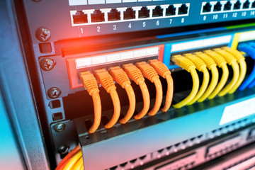 network cable connecting on network core switch close up